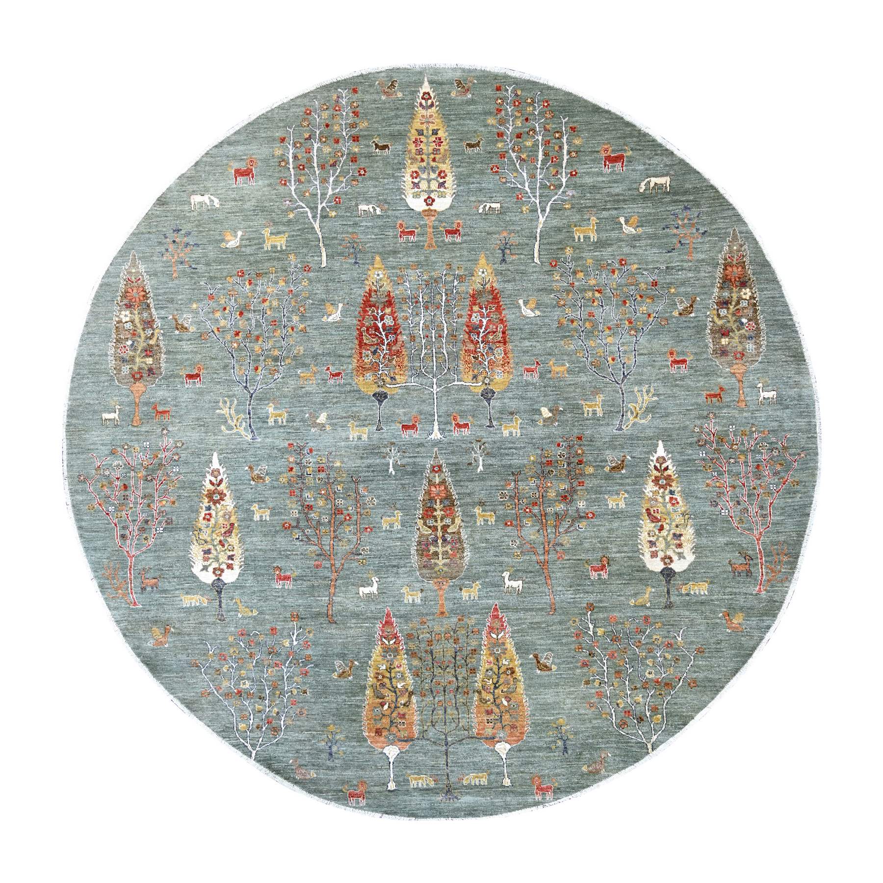 10'x10' Sage Green, Peshawar with Cypress Tree Design, Hand Knotted, High Mountain Wool, Denser Weave, Round, Oriental Rug 
